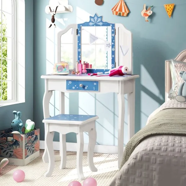 Coiffeuse Enfants avec Miroir Amovible à 3 Volets & Tabouret Table de Maquillage avec Tiroir pour Enfants de 3 Ans+ Bleu