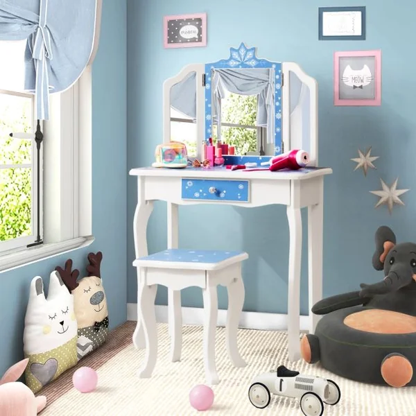 Coiffeuse Enfants avec Miroir Amovible à 3 Volets & Tabouret Table de Maquillage avec Tiroir pour Enfants de 3 Ans+ Bleu