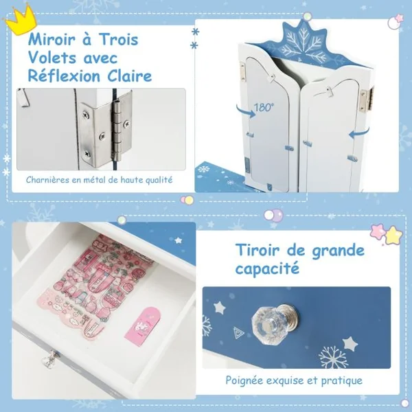 Coiffeuse Enfants avec Miroir Amovible à 3 Volets & Tabouret Table de Maquillage avec Tiroir pour Enfants de 3 Ans+ Bleu