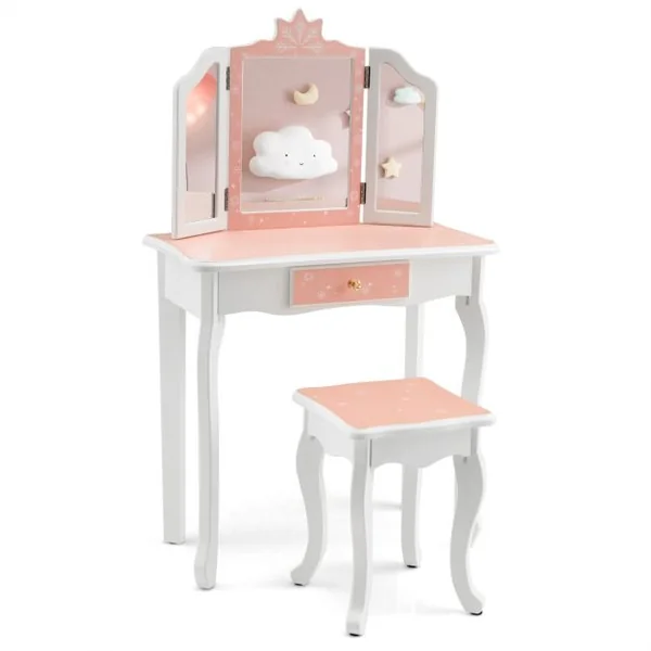 Coiffeuse Enfants avec Miroir Amovible à 3 Volets & Tabouret Table de Maquillage avec Tiroir pour Enfants de 3 Ans+ Rose