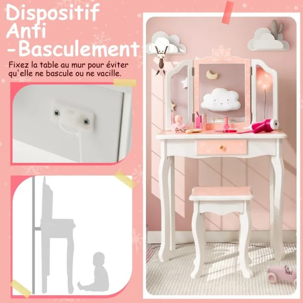 Coiffeuse Enfants avec Miroir Amovible à 3 Volets & Tabouret Table de Maquillage avec Tiroir pour Enfants de 3 Ans+ Rose