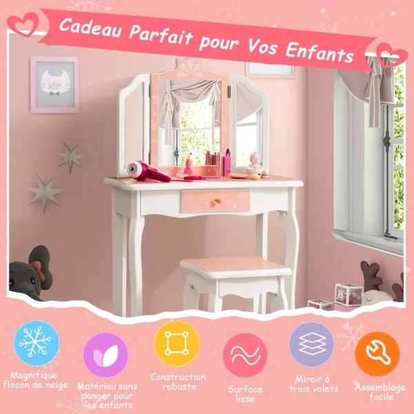 Coiffeuse Enfants avec Miroir Amovible à 3 Volets & Tabouret Table de Maquillage avec Tiroir pour Enfants de 3 Ans+ Rose