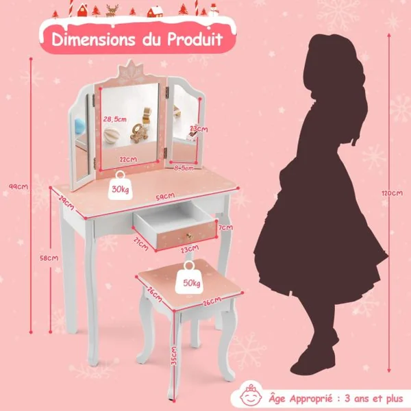 Coiffeuse Enfants avec Miroir Amovible à 3 Volets & Tabouret Table de Maquillage avec Tiroir pour Enfants de 3 Ans+ Rose