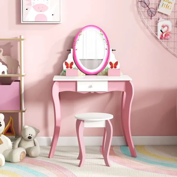 Coiffeuse Enfants avec Tabouret et Miroir Rotatif à 360° Tableau Blanc au Dos Table de Maquillage avec Tiroir et 4 Marqueurs Rose