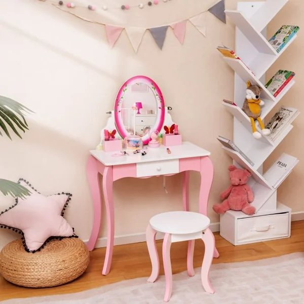 Coiffeuse Enfants avec Tabouret et Miroir Rotatif à 360° Tableau Blanc au Dos Table de Maquillage avec Tiroir et 4 Marqueurs Rose
