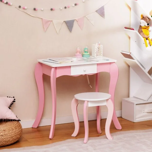 Coiffeuse Enfants avec Tabouret et Miroir Rotatif à 360° Tableau Blanc au Dos Table de Maquillage avec Tiroir et 4 Marqueurs Rose