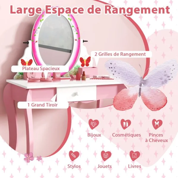 Coiffeuse Enfants avec Tabouret et Miroir Rotatif à 360° Tableau Blanc au Dos Table de Maquillage avec Tiroir et 4 Marqueurs Rose
