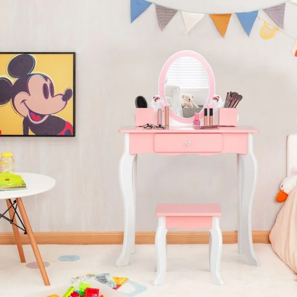 Coiffeuse Enfants avec Tabouret Miroir 1 Tiroir 2 Porte-Stylos pour Enfants de 3 à 7 Ans Blanc