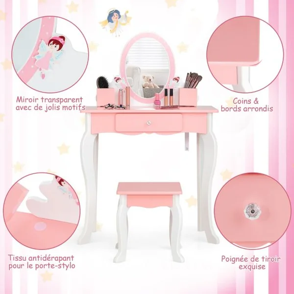 Coiffeuse Enfants avec Tabouret Miroir 1 Tiroir 2 Porte-Stylos pour Enfants de 3 à 7 Ans Blanc