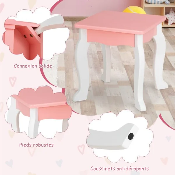Coiffeuse Enfants avec Tabouret Miroir 1 Tiroir 2 Porte-Stylos pour Enfants de 3 à 7 Ans Blanc