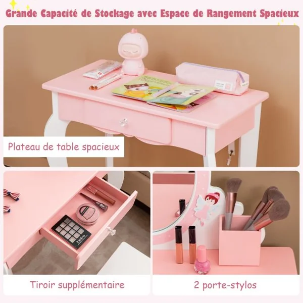 Coiffeuse Enfants avec Tabouret Miroir 1 Tiroir 2 Porte-Stylos pour Enfants de 3 à 7 Ans Blanc