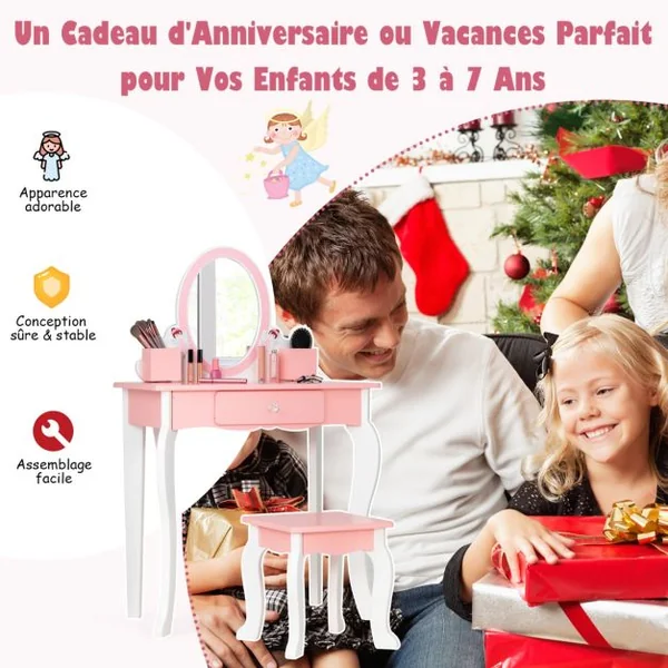 Coiffeuse Enfants avec Tabouret Miroir 1 Tiroir 2 Porte-Stylos pour Enfants de 3 à 7 Ans Blanc