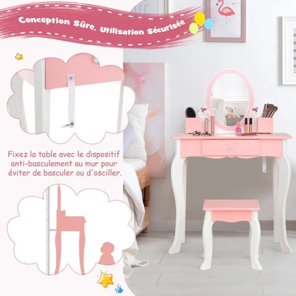 Coiffeuse Enfants avec Tabouret Miroir 1 Tiroir 2 Porte-Stylos pour Enfants de 3 à 7 Ans Blanc
