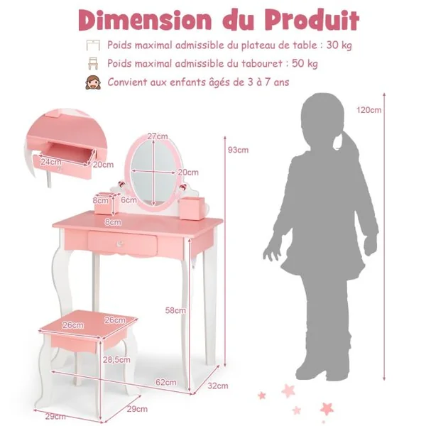 Coiffeuse Enfants avec Tabouret Miroir 1 Tiroir 2 Porte-Stylos pour Enfants de 3 à 7 Ans Blanc