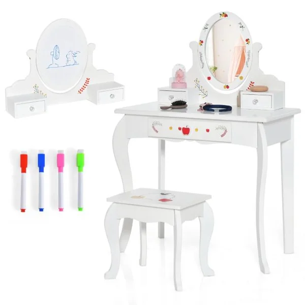 Coiffeuse Enfants Tabouret Miroir Rotatif à 360° Tableau au Dos Table de Maquillage 3 Tiroir 4 Marqueurs Blanc