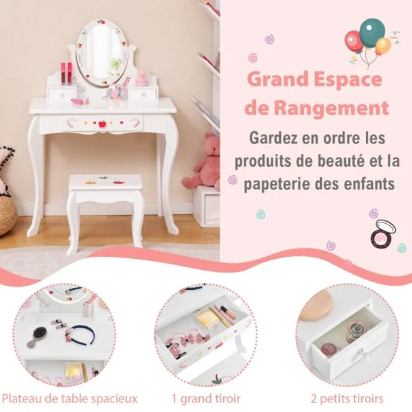 Coiffeuse Enfants Tabouret Miroir Rotatif à 360° Tableau au Dos Table de Maquillage 3 Tiroir 4 Marqueurs Blanc