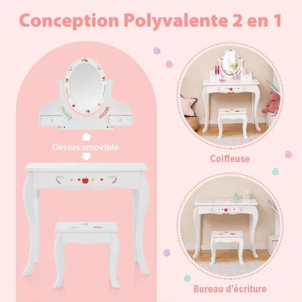 Coiffeuse Enfants Tabouret Miroir Rotatif à 360° Tableau au Dos Table de Maquillage 3 Tiroir 4 Marqueurs Blanc