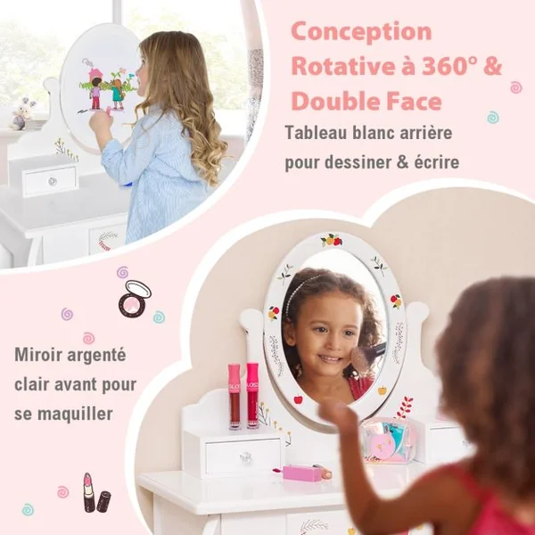 Coiffeuse Enfants Tabouret Miroir Rotatif à 360° Tableau au Dos Table de Maquillage 3 Tiroir 4 Marqueurs Blanc