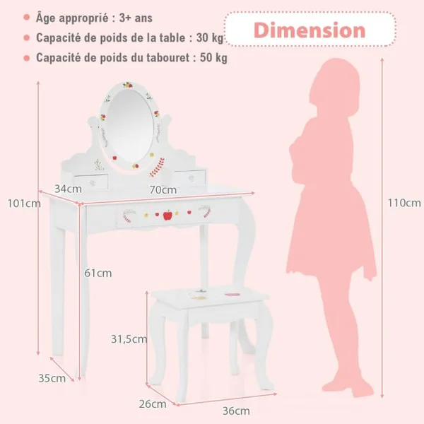 Coiffeuse Enfants Tabouret Miroir Rotatif à 360° Tableau au Dos Table de Maquillage 3 Tiroir 4 Marqueurs Blanc