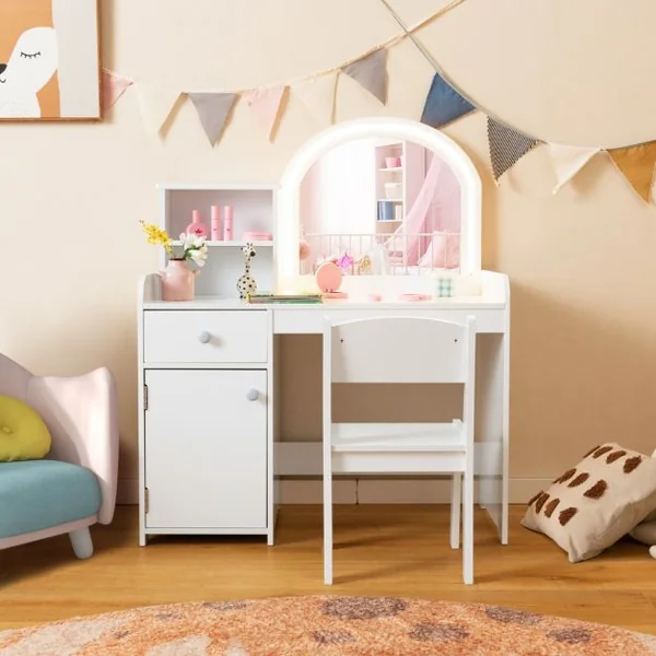 Coiffeuse et Tabouret pour Enfants avec Miroir et 120 Lumières LED Bureau Enfants avec Chaise 2 Étagères et Tiroir Blanc/Rose/Rose+Blanc