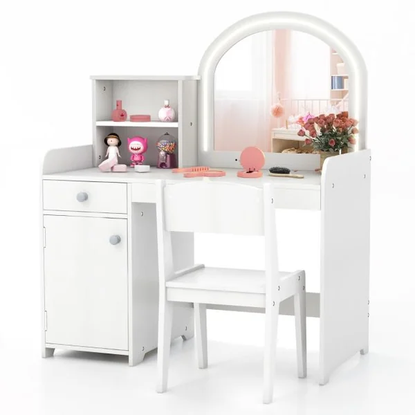 Coiffeuse et Tabouret pour Enfants avec Miroir et 120 Lumières LED Bureau Enfants avec Chaise 2 Étagères et Tiroir Blanc/Rose/Rose+Blanc