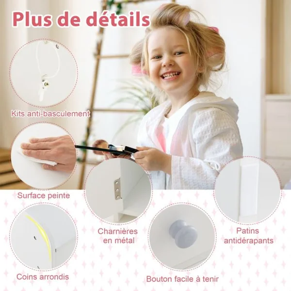 Coiffeuse et Tabouret pour Enfants avec Miroir et 120 Lumières LED Bureau Enfants avec Chaise 2 Étagères et Tiroir Blanc/Rose/Rose+Blanc