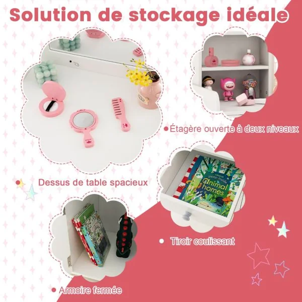 Coiffeuse et Tabouret pour Enfants avec Miroir et 120 Lumières LED Bureau Enfants avec Chaise 2 Étagères et Tiroir Blanc/Rose/Rose+Blanc
