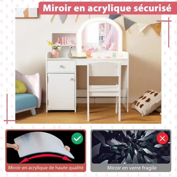 Coiffeuse et Tabouret pour Enfants avec Miroir et 120 Lumières LED Bureau Enfants avec Chaise 2 Étagères et Tiroir Blanc/Rose/Rose+Blanc