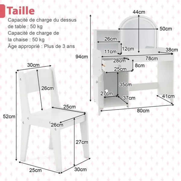Coiffeuse et Tabouret pour Enfants avec Miroir et 120 Lumières LED Bureau Enfants avec Chaise 2 Étagères et Tiroir Blanc/Rose/Rose+Blanc