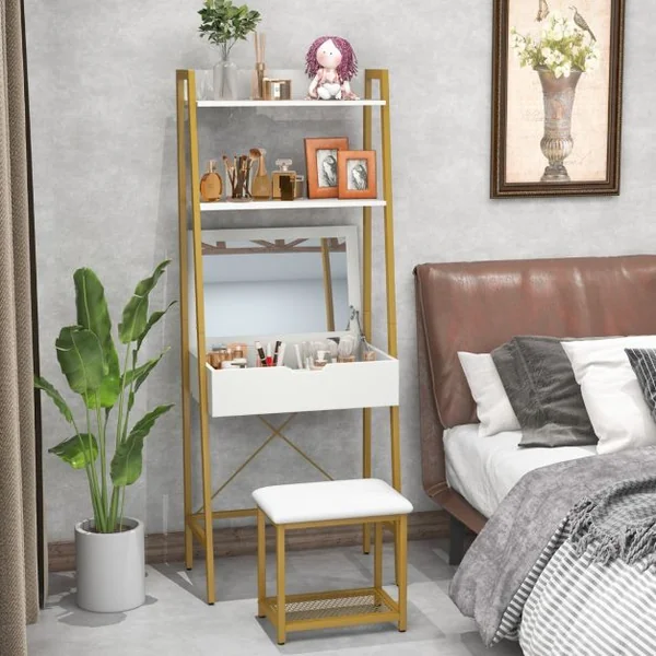 Coiffeuse Industrielle Miroir Rabattable Tabouret Table de Maquillage 2 Étagères ouvertes Espace de Rangement Caché Doré