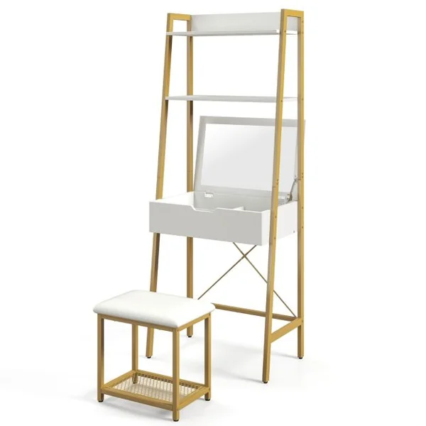 Coiffeuse Industrielle Miroir Rabattable Tabouret Table de Maquillage 2 Étagères ouvertes Espace de Rangement Caché Doré