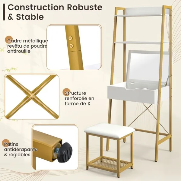 Coiffeuse Industrielle Miroir Rabattable Tabouret Table de Maquillage 2 Étagères ouvertes Espace de Rangement Caché Doré