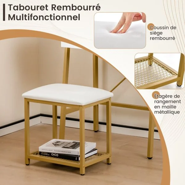 Coiffeuse Industrielle Miroir Rabattable Tabouret Table de Maquillage 2 Étagères ouvertes Espace de Rangement Caché Doré