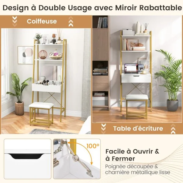 Coiffeuse Industrielle Miroir Rabattable Tabouret Table de Maquillage 2 Étagères ouvertes Espace de Rangement Caché Doré