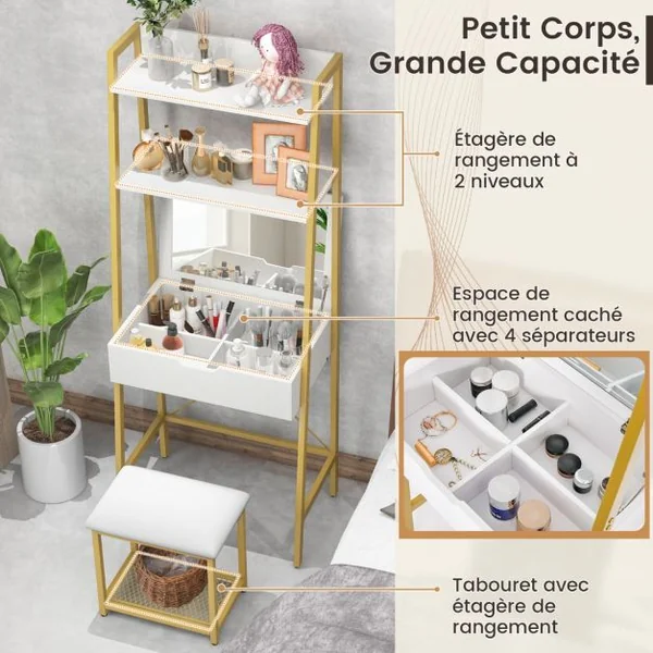 Coiffeuse Industrielle Miroir Rabattable Tabouret Table de Maquillage 2 Étagères ouvertes Espace de Rangement Caché Doré