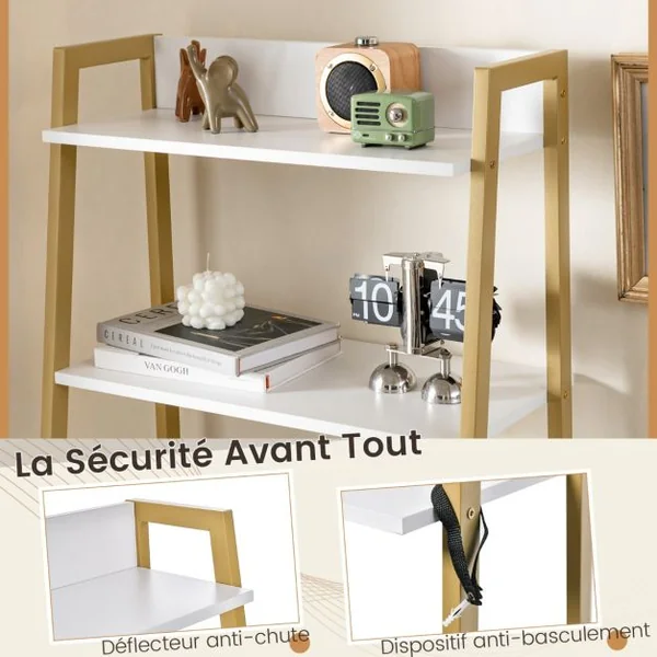 Coiffeuse Industrielle Miroir Rabattable Tabouret Table de Maquillage 2 Étagères ouvertes Espace de Rangement Caché Doré