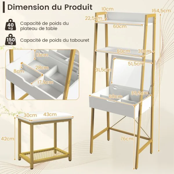 Coiffeuse Industrielle Miroir Rabattable Tabouret Table de Maquillage 2 Étagères ouvertes Espace de Rangement Caché Doré