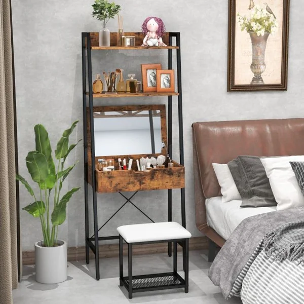 Coiffeuse Industrielle Miroir Rabattable Tabouret Table de Maquillage 2 Étagères ouvertes Espace de Rangement Caché Noir