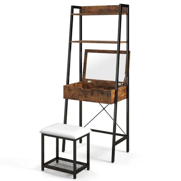 Coiffeuse Industrielle Miroir Rabattable Tabouret Table de Maquillage 2 Étagères ouvertes Espace de Rangement Caché Noir