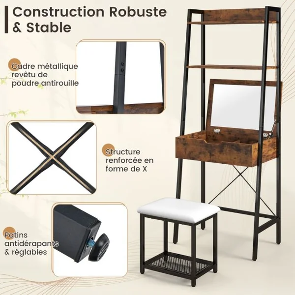 Coiffeuse Industrielle Miroir Rabattable Tabouret Table de Maquillage 2 Étagères ouvertes Espace de Rangement Caché Noir