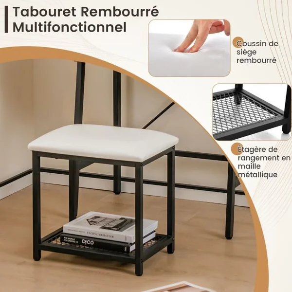 Coiffeuse Industrielle Miroir Rabattable Tabouret Table de Maquillage 2 Étagères ouvertes Espace de Rangement Caché Noir