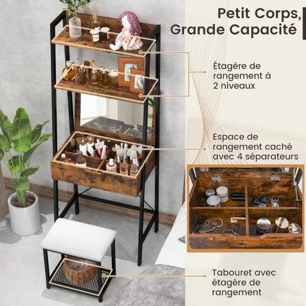 Coiffeuse Industrielle Miroir Rabattable Tabouret Table de Maquillage 2 Étagères ouvertes Espace de Rangement Caché Noir