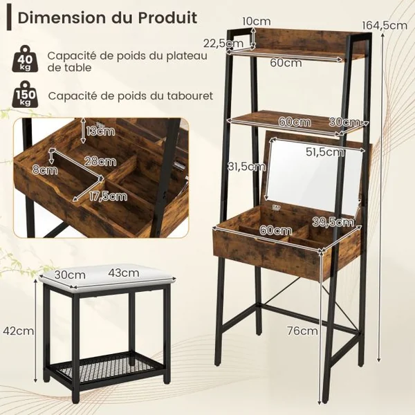 Coiffeuse Industrielle Miroir Rabattable Tabouret Table de Maquillage 2 Étagères ouvertes Espace de Rangement Caché Noir