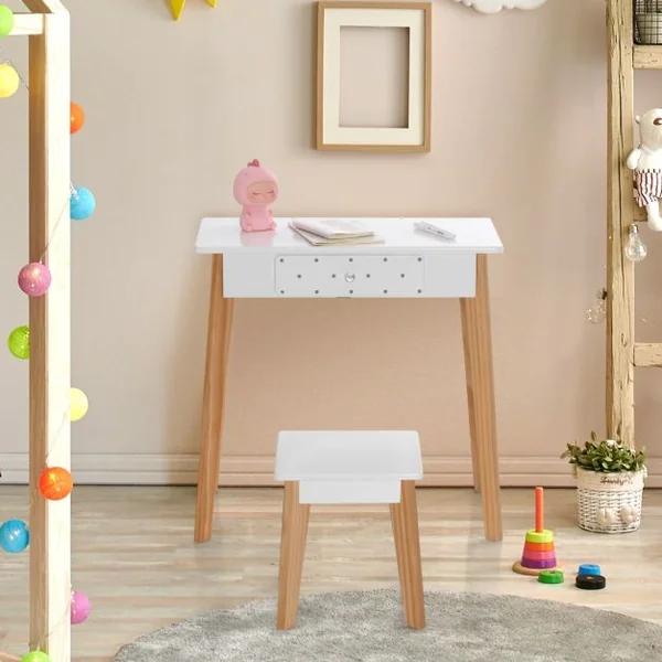 Coiffeuse pour Enfant 3 Miroirs Pliant Amovible 1 Tabouret et 1 Tiroir Style Princesse pour Fille en Bois Blanc