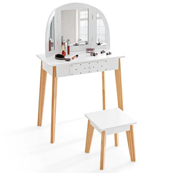 Coiffeuse pour Enfant 3 Miroirs Pliant Amovible 1 Tabouret et 1 Tiroir Style Princesse pour Fille en Bois Blanc
