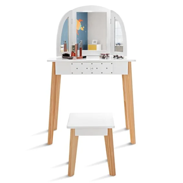 Coiffeuse pour Enfant 3 Miroirs Pliant Amovible 1 Tabouret et 1 Tiroir Style Princesse pour Fille en Bois Blanc