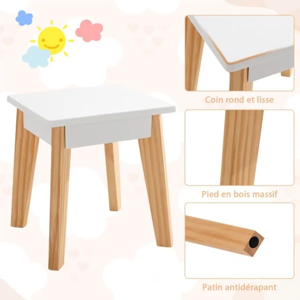 Coiffeuse pour Enfant 3 Miroirs Pliant Amovible 1 Tabouret et 1 Tiroir Style Princesse pour Fille en Bois Blanc