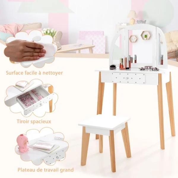Coiffeuse pour Enfant 3 Miroirs Pliant Amovible 1 Tabouret et 1 Tiroir Style Princesse pour Fille en Bois Blanc