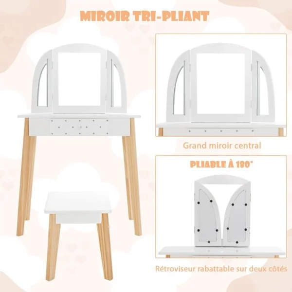 Coiffeuse pour Enfant 3 Miroirs Pliant Amovible 1 Tabouret et 1 Tiroir Style Princesse pour Fille en Bois Blanc