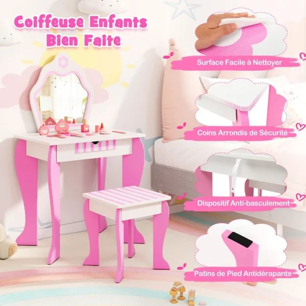 Coiffeuse pour Enfants avec Miroir et Tabouret en Bois Style Princesse Cadeau pour Filles Rose